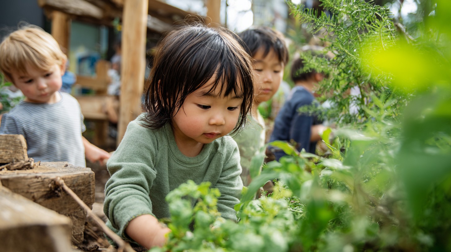 Children exploring nature in a sunlit garden